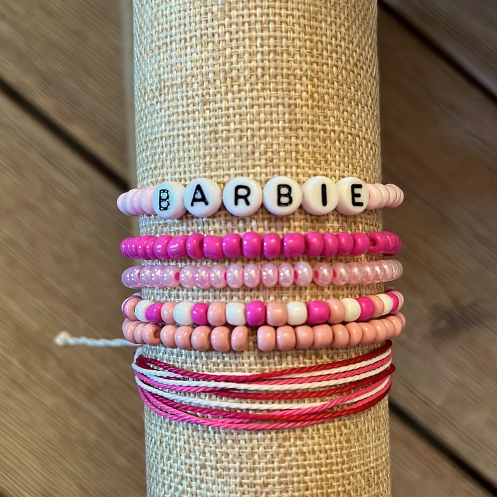 Barbie bracelet stack. NEW. Pink, white, hot pink glass bead, wax string.